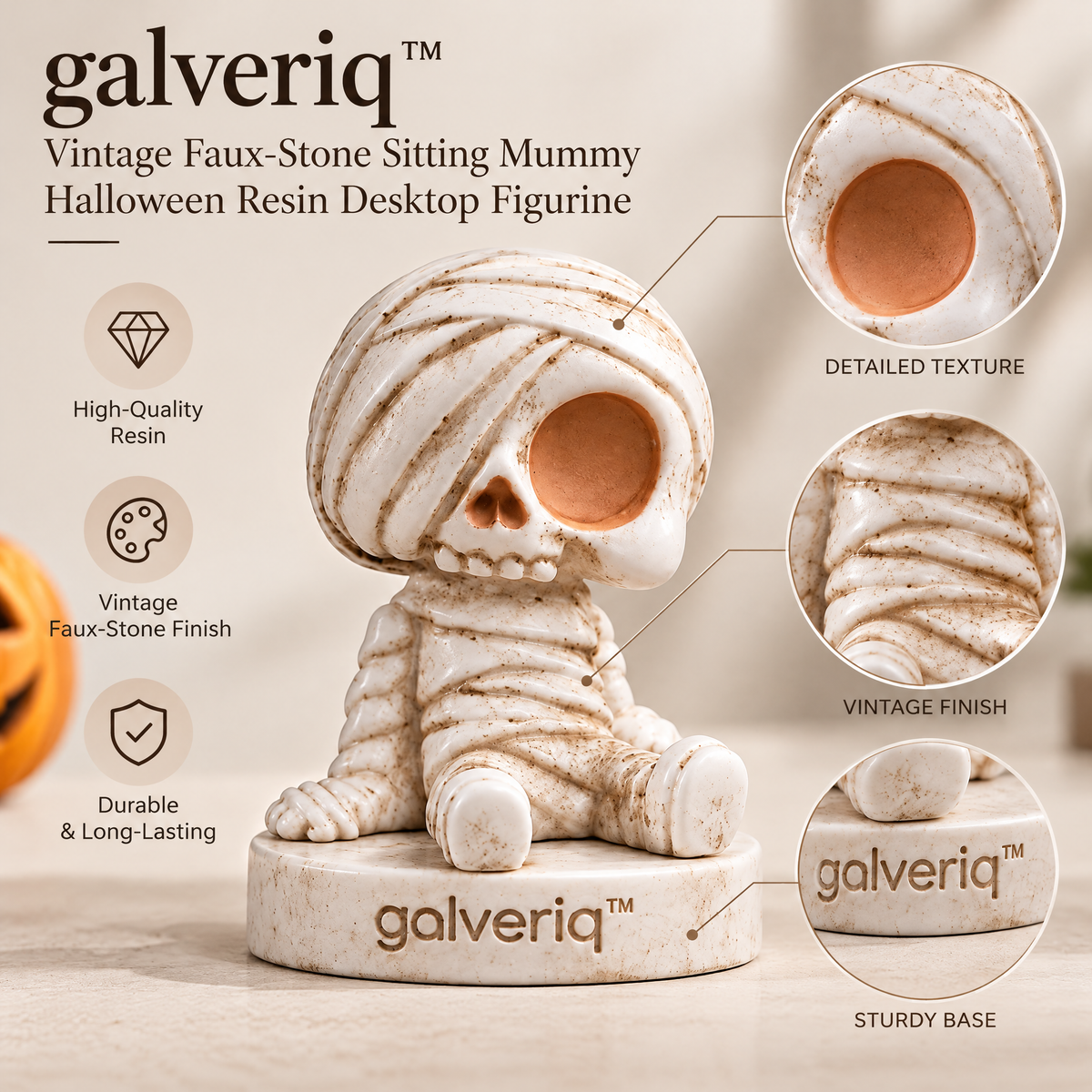 galveriq™ Vintage Faux-Stone Sitting Mummy Halloween Resin Desktop Figurine
