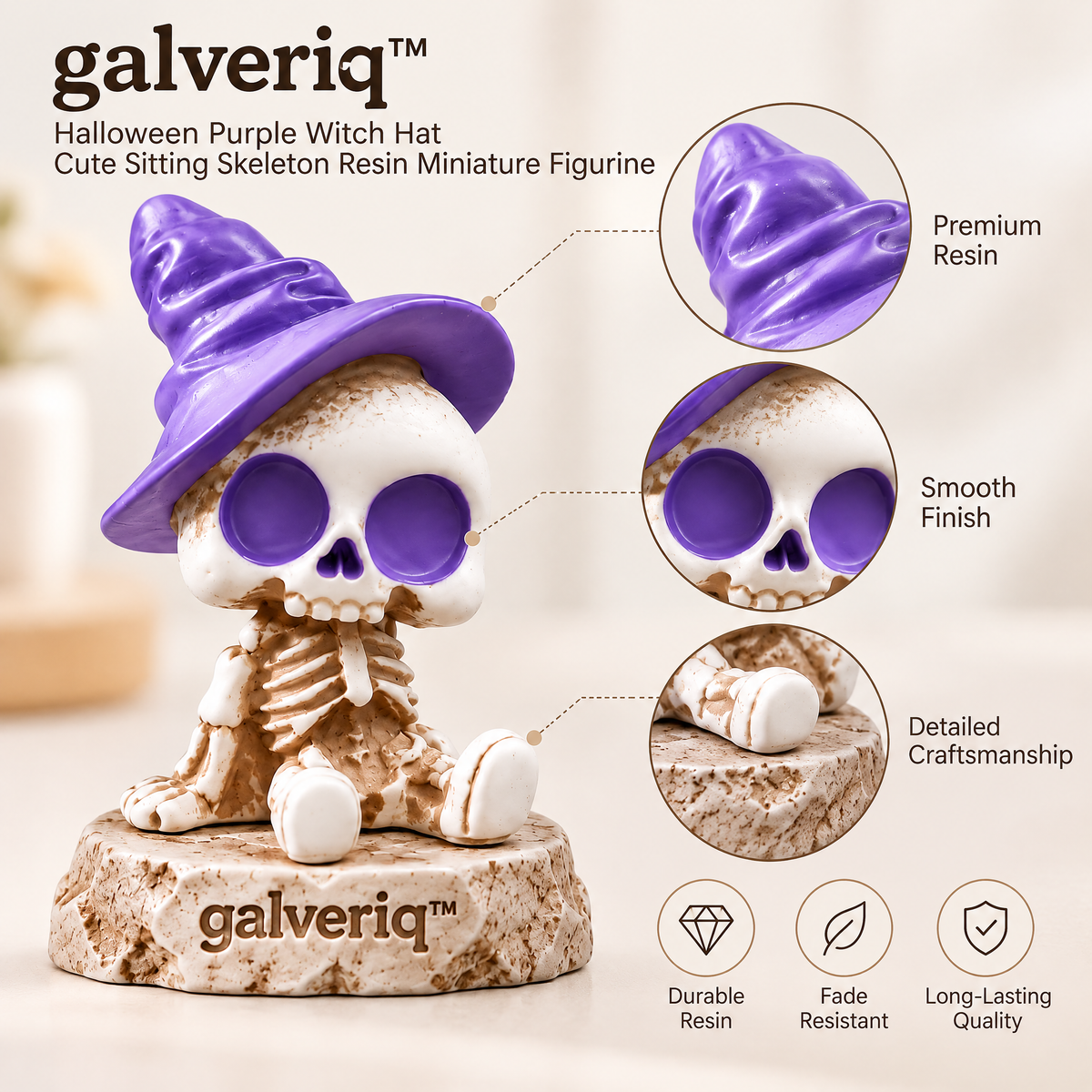 galveriq™ Halloween Purple Witch Hat Cute Sitting Skeleton Resin Miniature Figurine