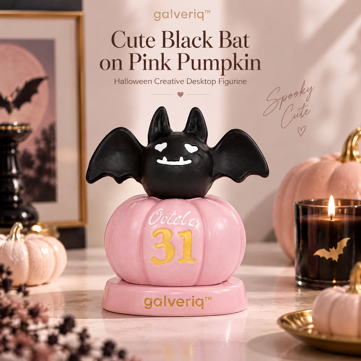 galveriq™ Cute Black Bat on Pink Pumpkin Halloween Creative Desktop Figurine