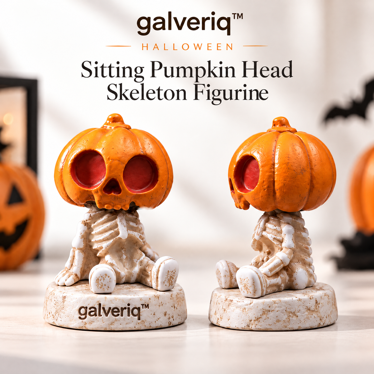 galveriq™ Halloween Sitting Pumpkin Head Skeleton Figurine