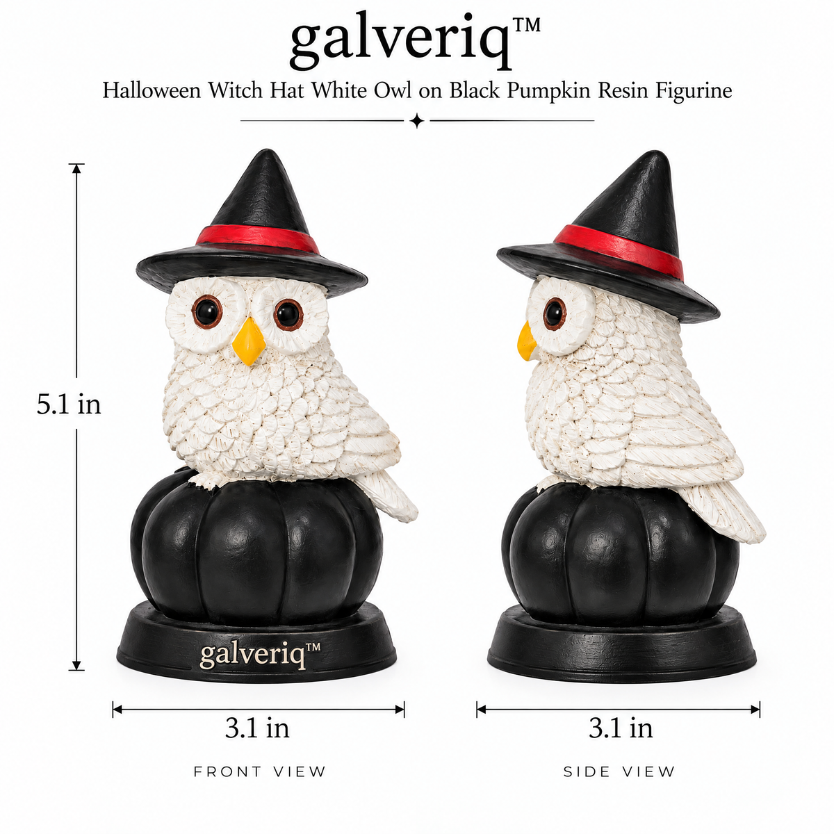 galveriq™ Halloween Witch Hat White Owl on Black Pumpkin Resin Figurine