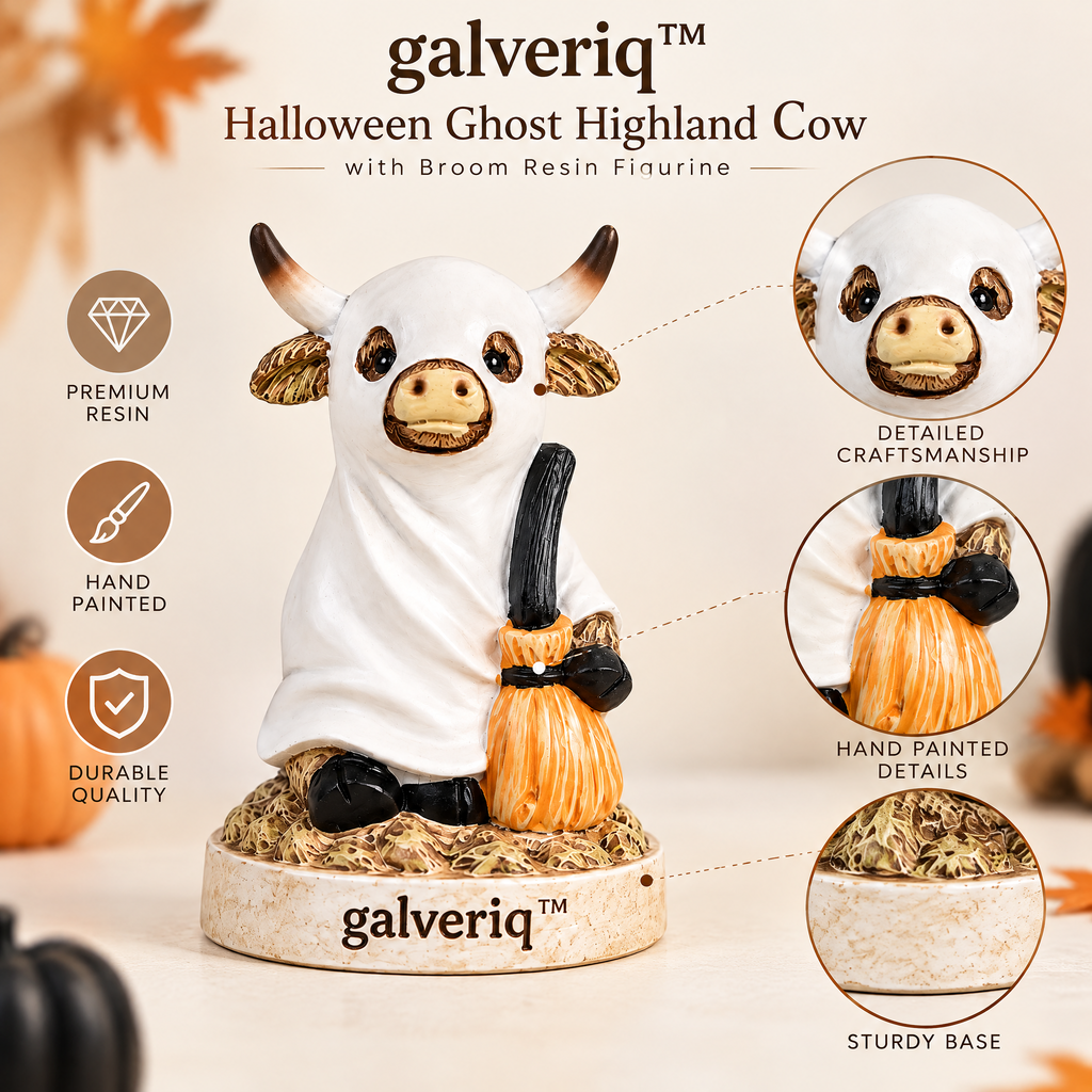 galveriq™ Halloween Ghost Highland Cow with Broom Resin Figurine