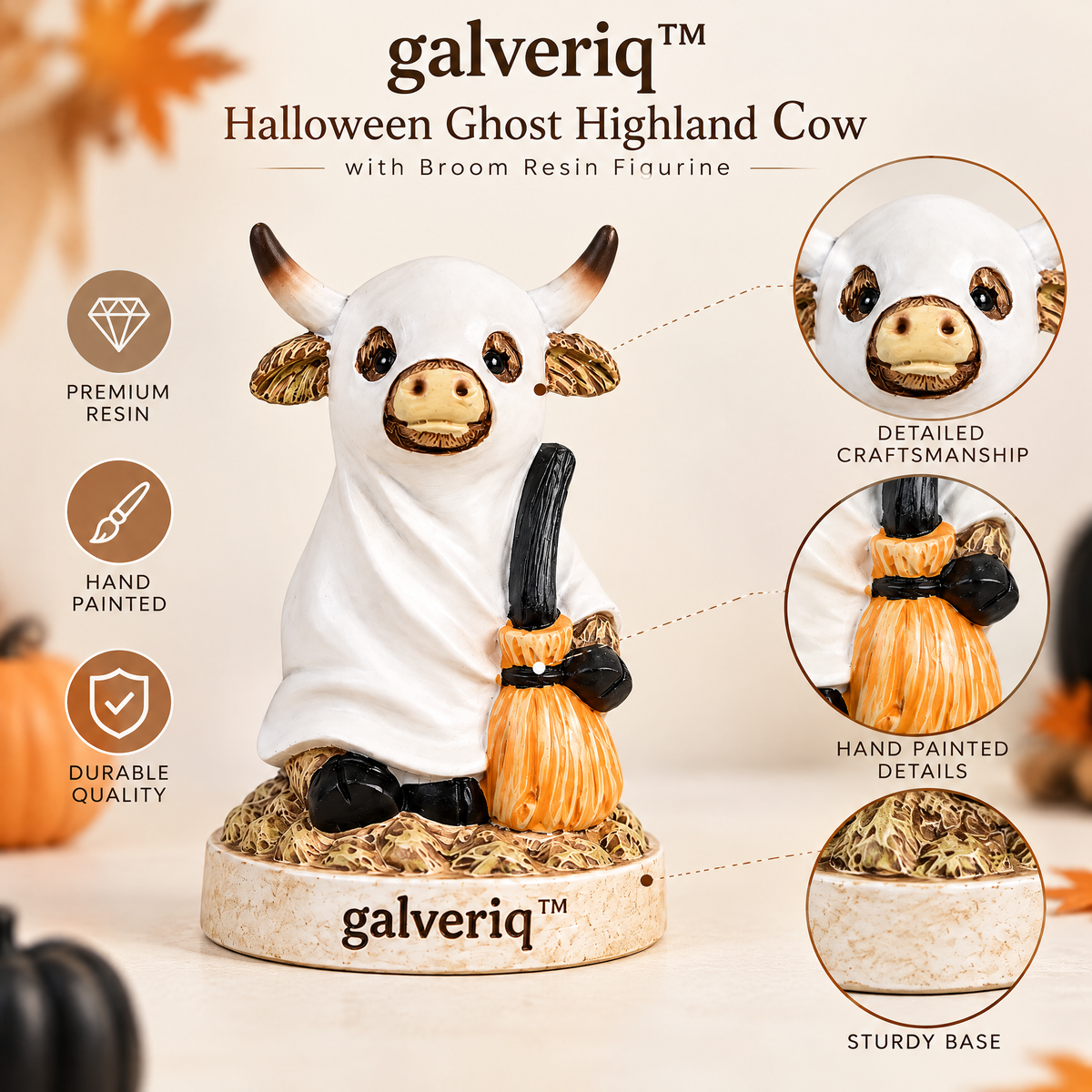 galveriq™ Halloween Ghost Highland Cow with Broom Resin Figurine