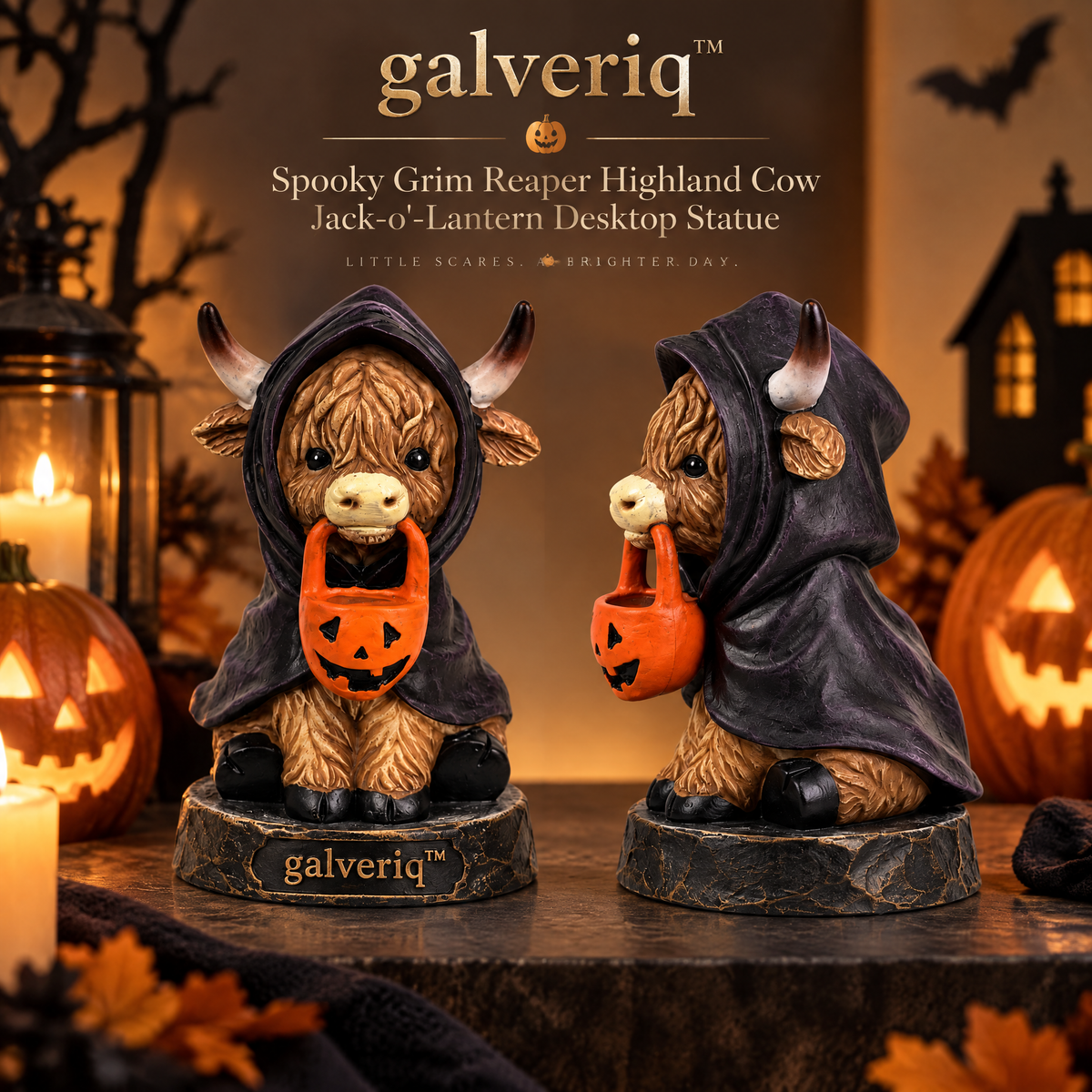 galveriq™ Spooky-Cute Mummy Highland Calf & Jack-O'-Lantern Desktop Statue