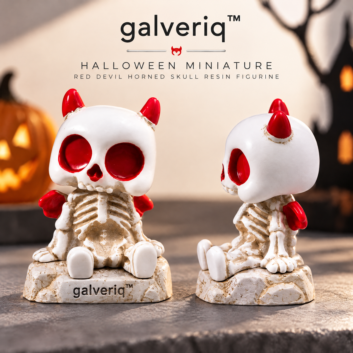 galveriq™ Halloween Miniature Red Devil Horned Skull Resin Figurine