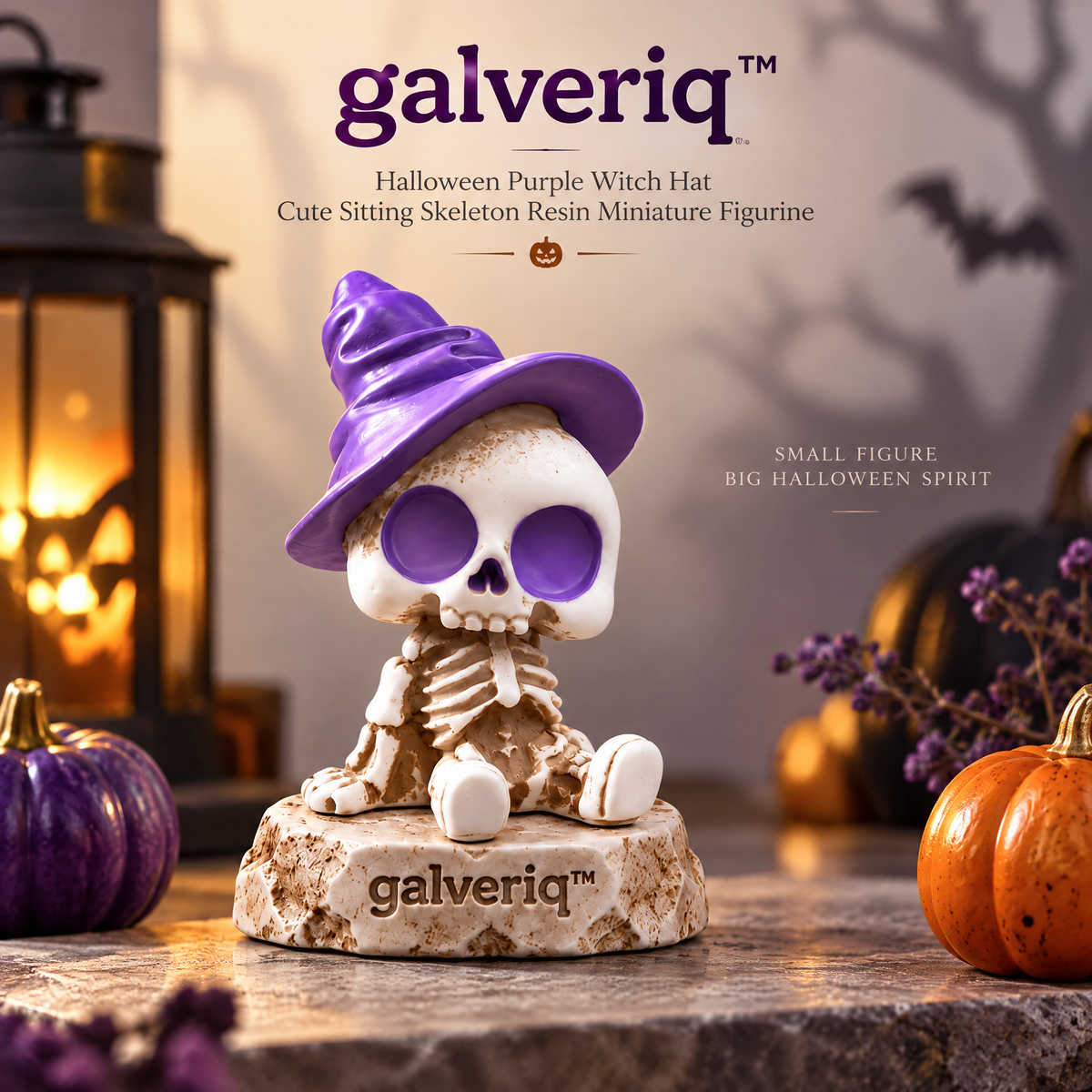 galveriq™ Halloween Purple Witch Hat Cute Sitting Skeleton Resin Miniature Figurine