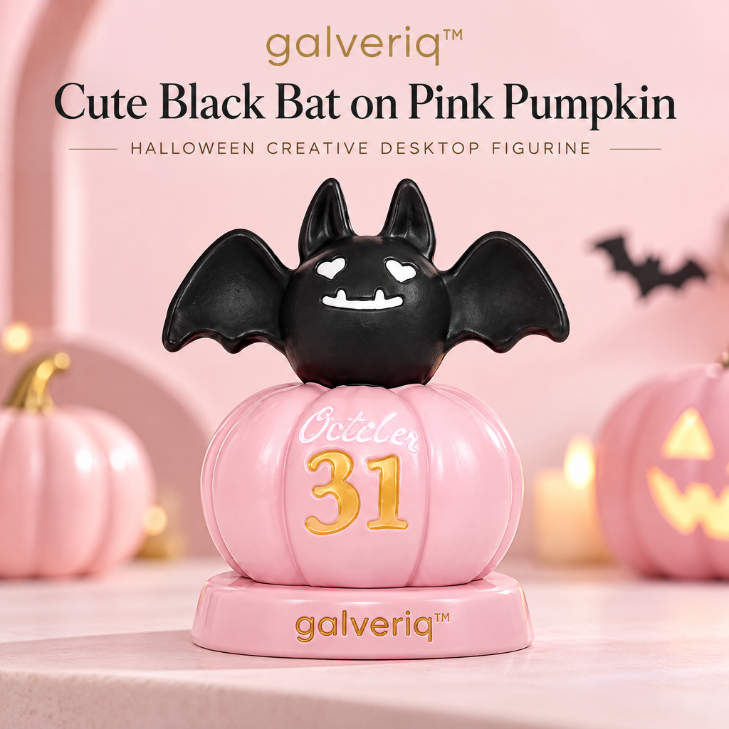 galveriq™ Cute Black Bat on Pink Pumpkin Halloween Creative Desktop Figurine