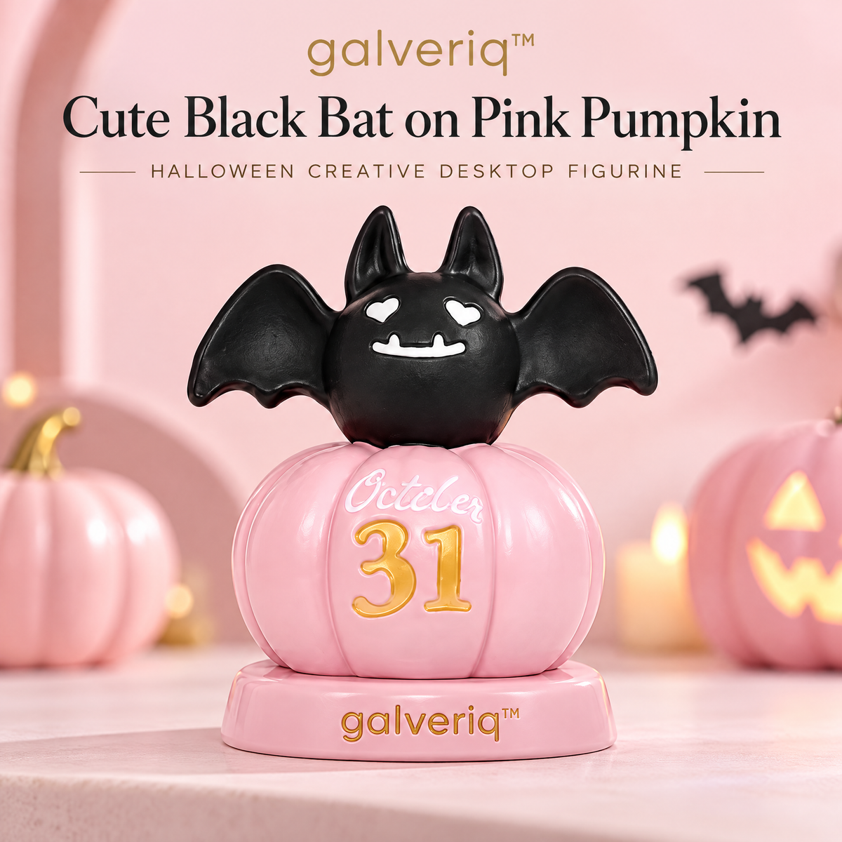 galveriq™ Cute Black Bat on Pink Pumpkin Halloween Creative Desktop Figurine