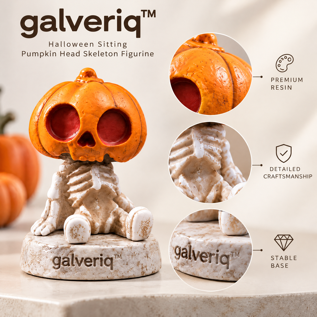 galveriq™ Halloween Sitting Pumpkin Head Skeleton Figurine