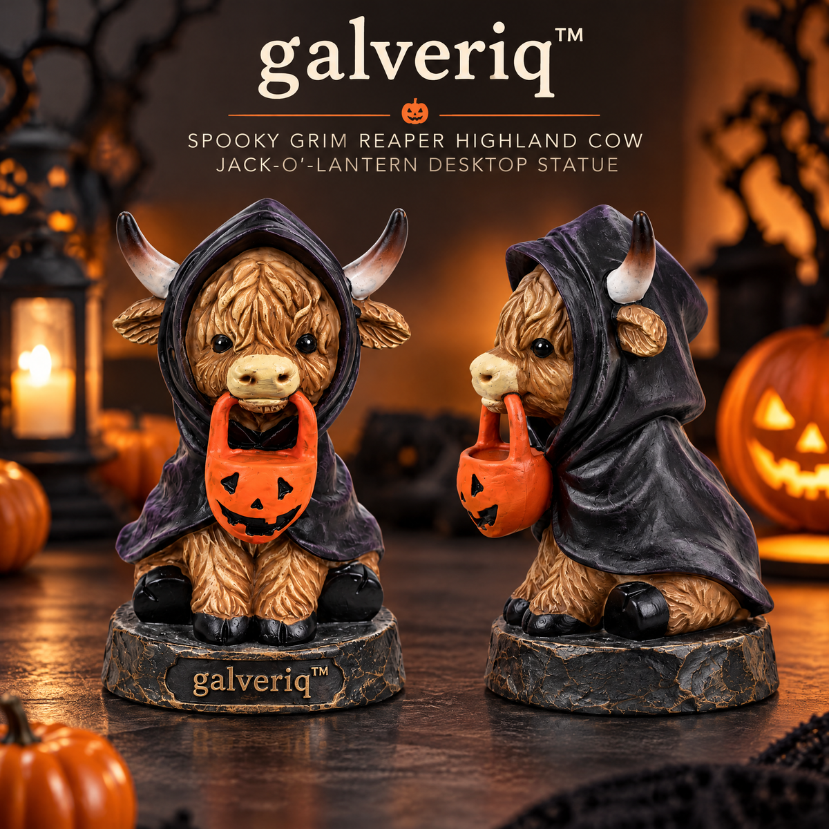 galveriq™ Spooky-Cute Mummy Highland Calf & Jack-O'-Lantern Desktop Statue