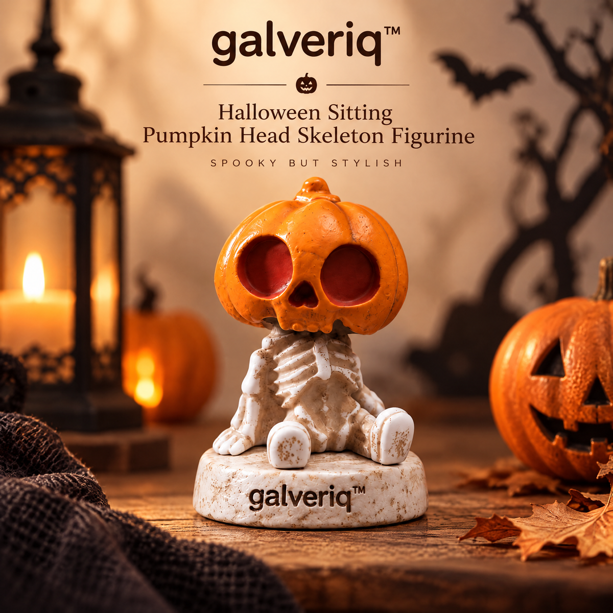galveriq™ Halloween Sitting Pumpkin Head Skeleton Figurine