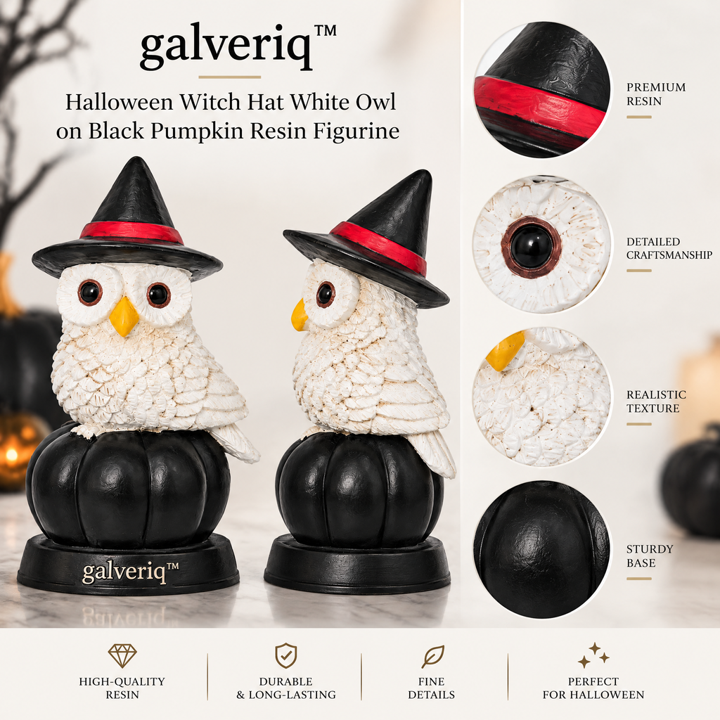 galveriq™ Halloween Witch Hat White Owl on Black Pumpkin Resin Figurine