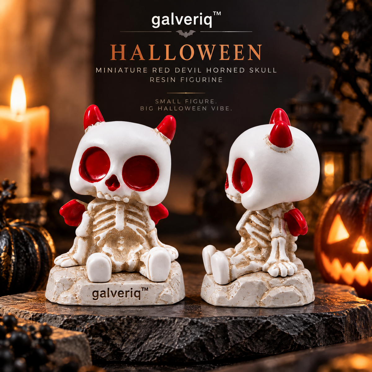 galveriq™ Halloween Miniature Red Devil Horned Skull Resin Figurine