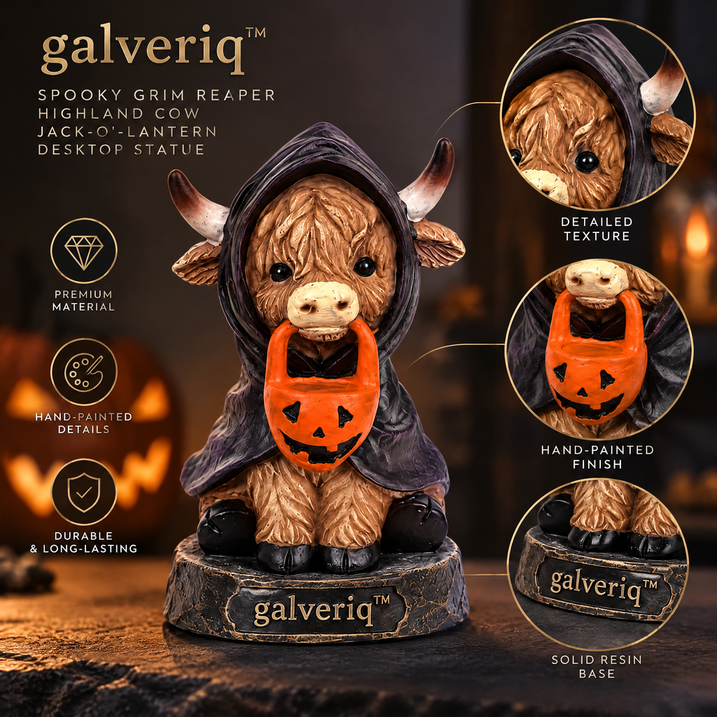 galveriq™ Spooky-Cute Mummy Highland Calf & Jack-O'-Lantern Desktop Statue