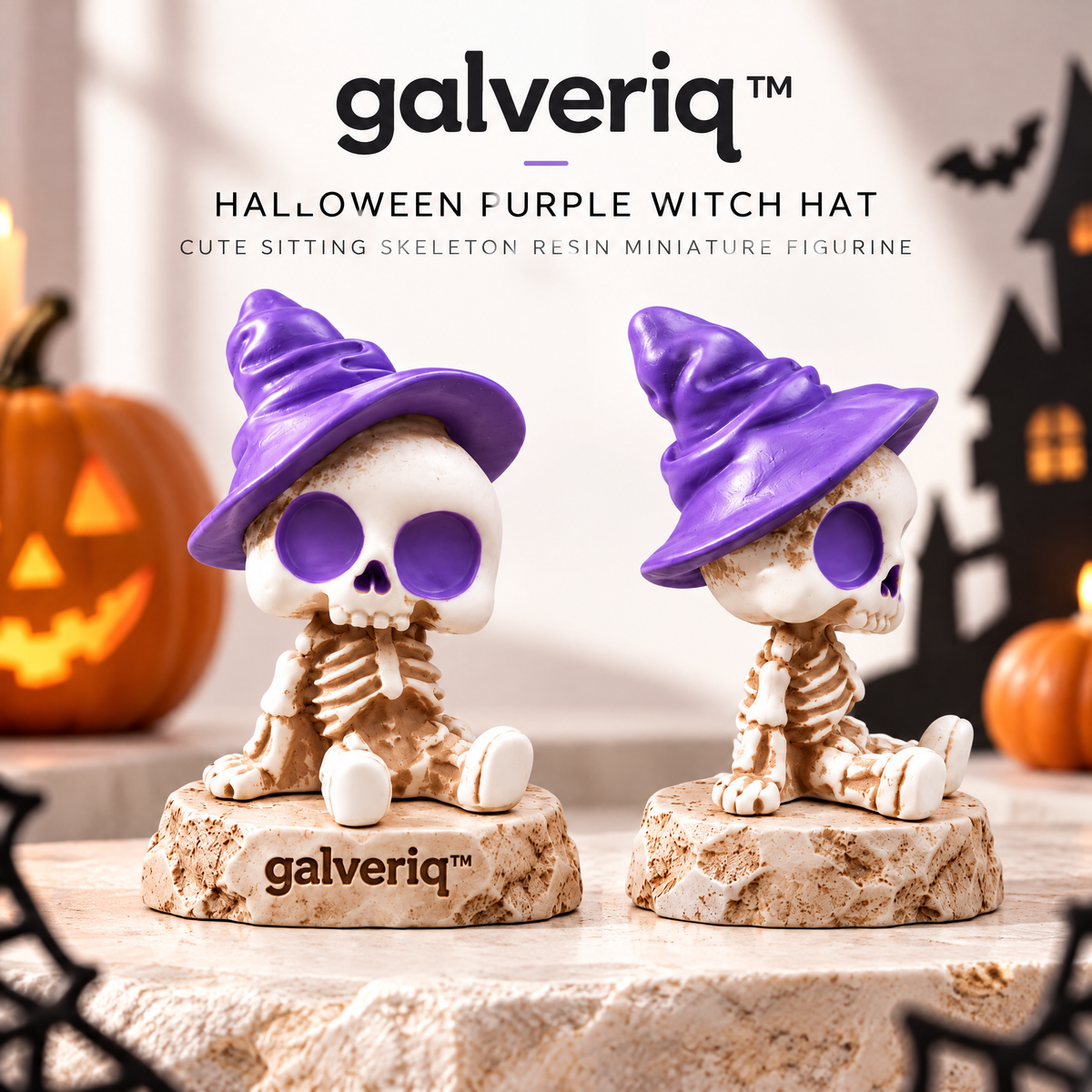 galveriq™ Halloween Purple Witch Hat Cute Sitting Skeleton Resin Miniature Figurine