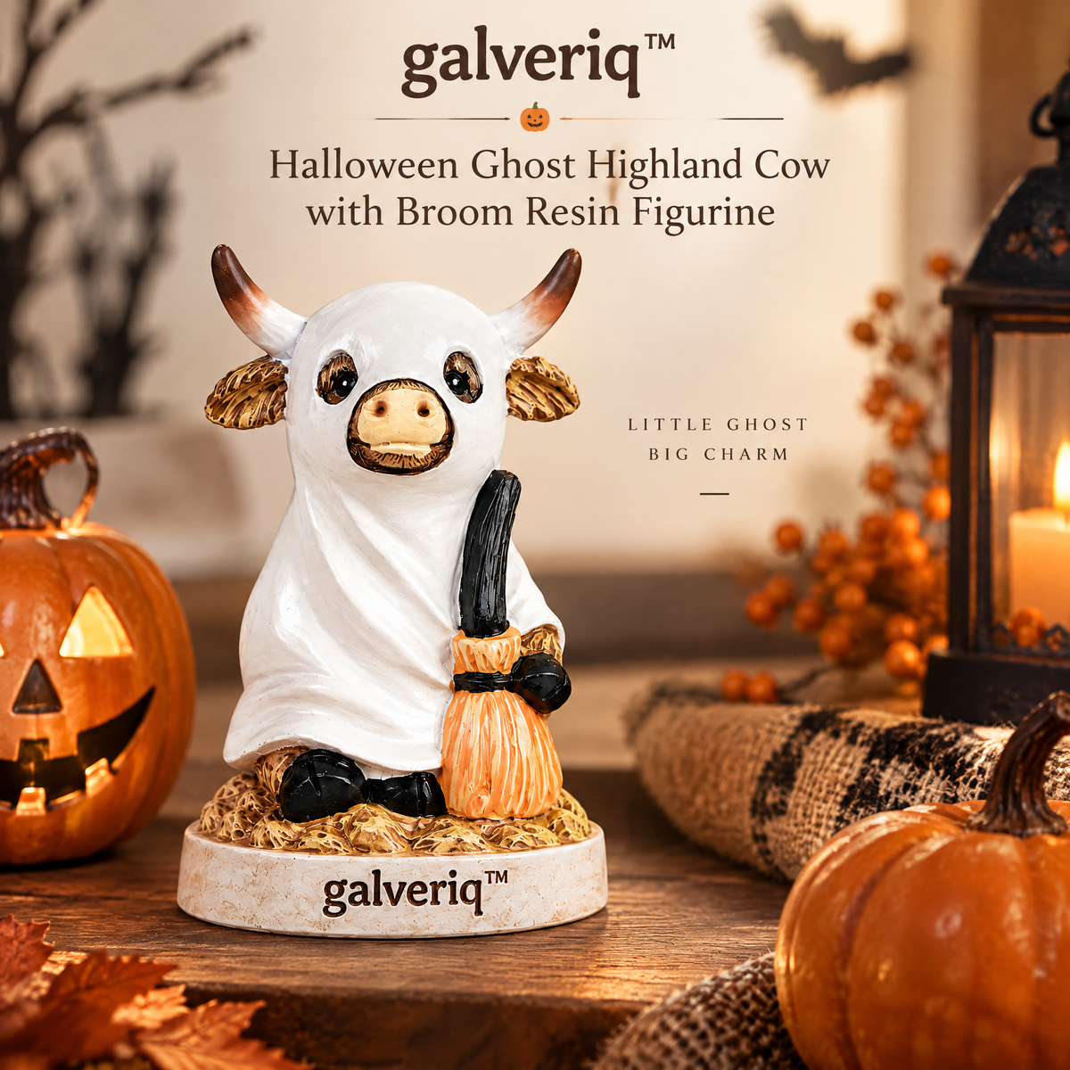 galveriq™ Halloween Ghost Highland Cow with Broom Resin Figurine