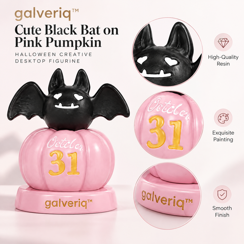 galveriq™ Cute Black Bat on Pink Pumpkin Halloween Creative Desktop Figurine