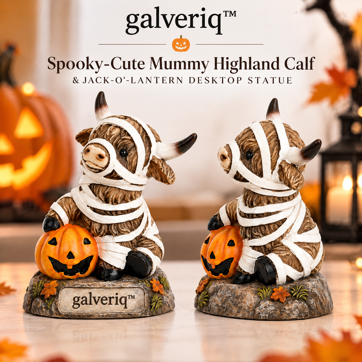 galveriq™ Spooky Grim Reaper Highland Cow Jack-o'-Lantern Desktop Statue