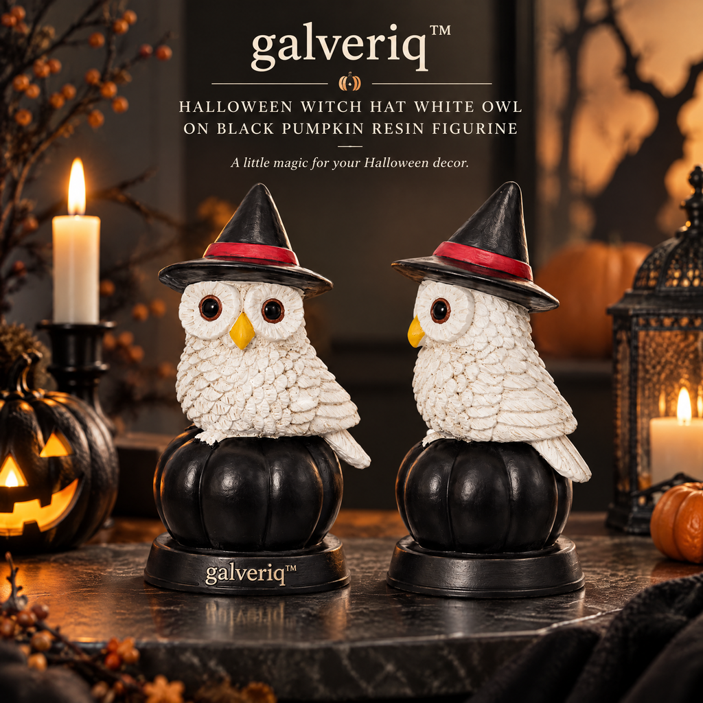 galveriq™ Halloween Witch Hat White Owl on Black Pumpkin Resin Figurine