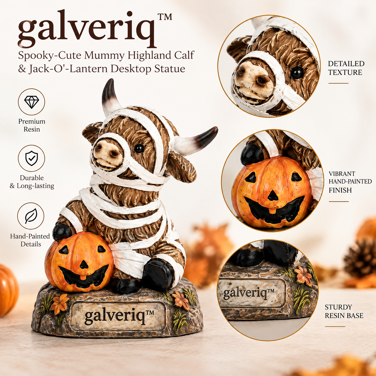 galveriq™ Spooky Grim Reaper Highland Cow Jack-o'-Lantern Desktop Statue